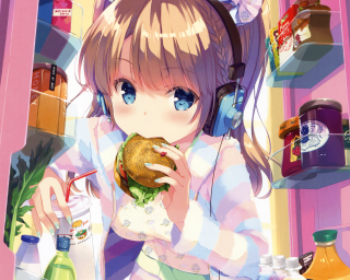 Girl headphones eating burger kitchen - a manga drawing free wallpaper for desktop