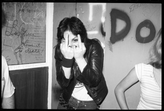 Woman covering face man standing - punk art free wallpaper