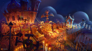 Carnival crowd castle lights painting - a castle in the background free wallpaper