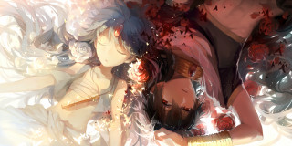 Couple women bed flowers leaves - egyptian art free wallpaper