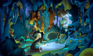 Woman kneeling forest cat lap - rossdraw global illumination free wallpaper for desktop