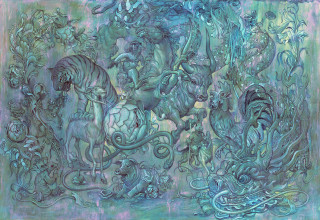 Horses dragon blue green background - in gouache free wallpaper