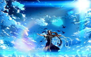 Woman standing clouds sword birds 2 - the cloud free wallpaper for desktop