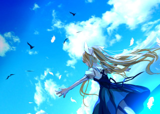Woman blue dress flying birds - bird free wallpaper for desktop