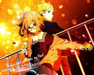 Anime couple balcony yellow red - a yellow background behind them free wallpaper for desktop