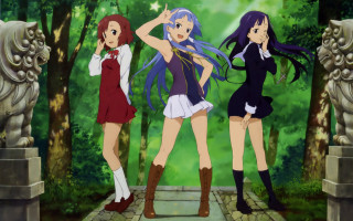 Anime girls forest trees rocks 2 - three anime girl free wallpaper
