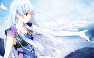 White haired woman blue dress 3 - long white hair free wallpaper