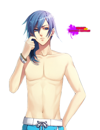 Blue haired bishounen male portrait - free neon wallpaper