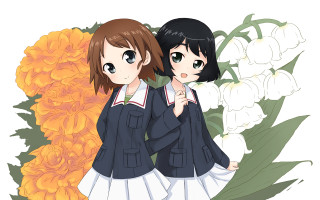 Anime girls flowers bouquet standing - official art free wallpaper for desktop