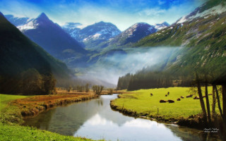 Lush green valley river mountains 5 - a few cow free wallpaper