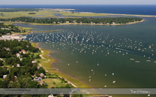 Water boats shoreline houses trees - aerial view free wallpaper
