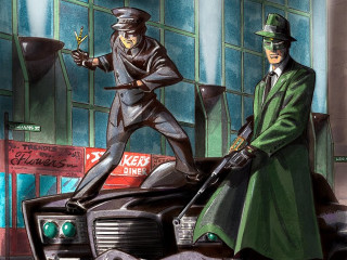Two men green coats hats - western comic book art free wallpaper for desktop