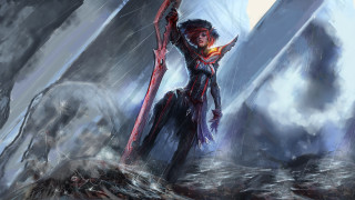 Woman holding stick snowy landscape - bayard wu free wallpaper