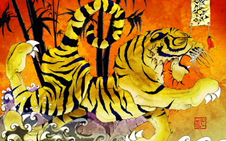 Tiger dragon red background painting - chen chi free wallpaper