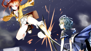 Anime characters flying swords building - the air free wallpaper