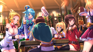 Anime girls restaurant table man 2 - a group of anime girls sitting free wallpaper