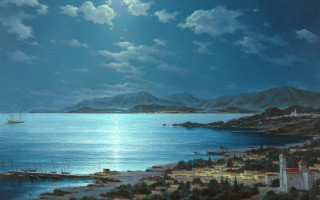 Moon bay boat town water - kinkade free wallpaper