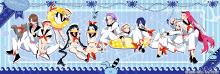 Anime girls blue background border 2 - a group of anime girls sitting next free wallpaper for desktop