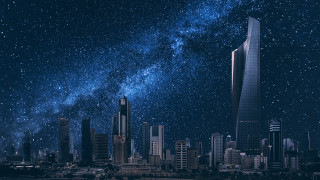 City skyline stars buildings foreground - affinity photo free wallpaper for desktop