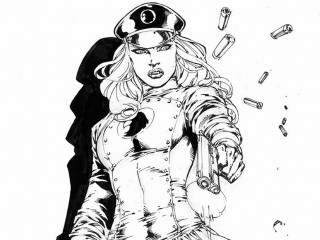 Woman uniform gun knife drawing - a man in the background free wallpaper