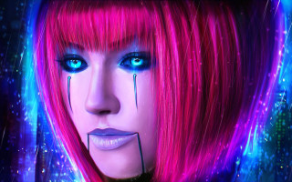 Woman pink hair blue eyes - a creepy look free wallpaper for desktop