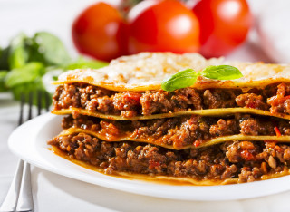 Lasagna meat rice tomatoes fork - knife free wallpaper