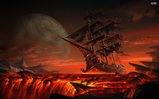 Ship ocean volcano boat painting - a painting of a ship in the ocean free wallpaper