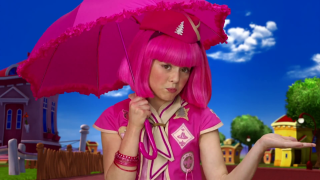 Pink hair girl holding umbrella - a house in the background free wallpaper