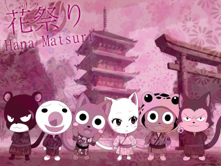 Cartoon cats pink background pagoda - a pagoda in the background free wallpaper