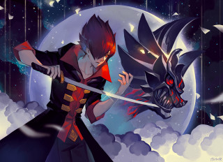 Anime characters fighting moon sword - their hand and a demon in the background free wallpaper