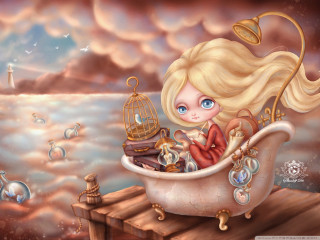 Blonde girl bathtub bird cage - a birdcage free wallpaper