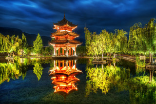 Pagoda night sky pond trees 2 - a pagoda free wallpaper