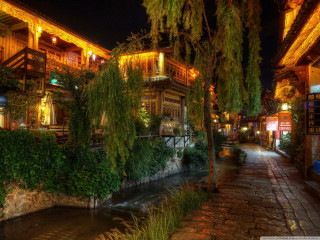 Street river night building trees - a street free wallpaper