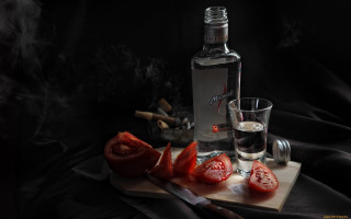 Bottle tomatoes knife wine stilllife - a cutting board free wallpaper