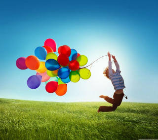 Person jumping balloons blue sky 5 - free happy birthday wallpaper for tablet