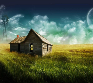 House field windmill clouds sun - matte painting free wallpaper for tablet