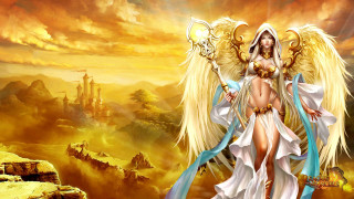 Woman angel wings castle sunset - epic fantasy free wallpaper