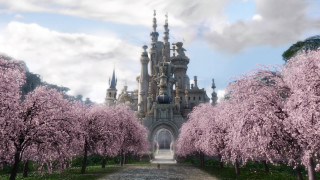 Castle pink trees walkway entrance - a walkway free wallpaper