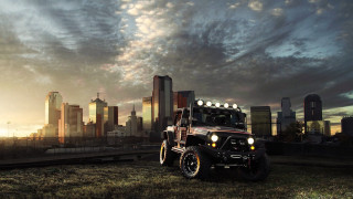Jeep parked field city sunset - apocalyptic free wallpaper