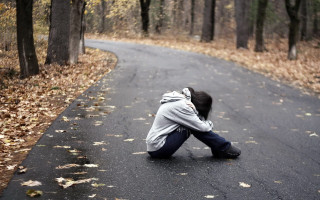 Person sitting road forest leaves - somber free wallpaper for desktop