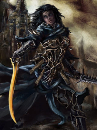 Woman black outfit sword castle - dark fantasy art free wallpaper for mobile