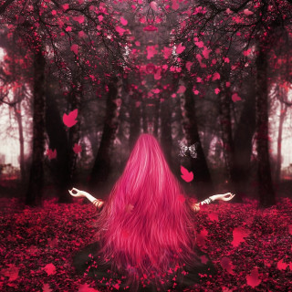 Woman pink hair forest butterflies - pink hair free wallpaper for tablet