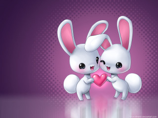Two white rabbits heart purple 2 - a detailed drawing free wallpaper for desktop