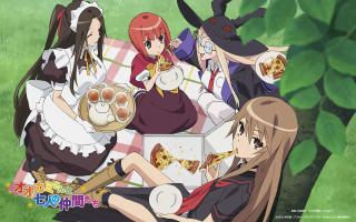 Anime girls picnic blanket pizza - a park area free wallpaper