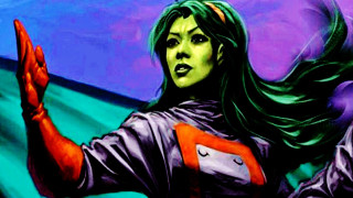 Woman green hair red shirt - holding free wallpaper