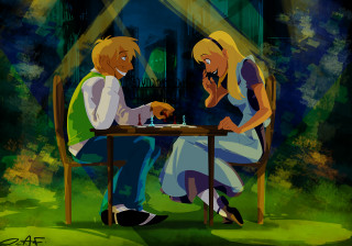 Man woman chess game park - storybook illustration free wallpaper for desktop