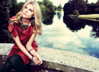 Woman sitting lake trees sky - the background and a sky in the background free wallpaper