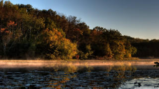 Lake boat trees fog background - autumn free wallpaper for desktop