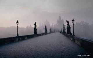 Bridge statues foggy sky castle 2 - a castle in the distance free wallpaper