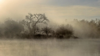 Foggy lake trees building cloudy - volumetric fog free wallpaper